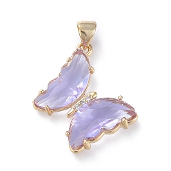 лаванда Латунные микропаве прозрачные подвески с фианитом, со стеклом, бабочка, золотые, лаванда, 24x21.5x4 мм