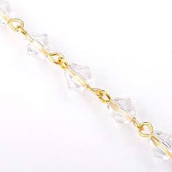 Clear Handmade Bicone Glass Beads Chains for Necklaces Bracelets Making, with Golden Iron Eye Pin, Unwelded, Clear, 39.3 inch, Beads: 6mm