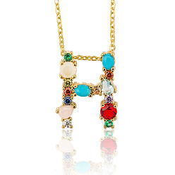 Letter H Golden Brass Micro Pave Cubic Zirconia Initial Pendants Necklaces, with Cable Chains, Colorful, Letter, Letter.H, 17.9~18.1 inch(45.5~46cm)x1.5mm, LetterH: 19x15x6mm