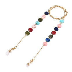 Colorful Eyeglasses Chains, Neck Strap for Eyeglasses, with Natural Shell Flat Round Links, Golden Plated 304 Stainless Steel Satellite Chains and Rubber Eyeglass Holders, Colorful, 27.5 inch(70cm)