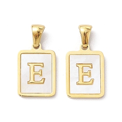 Letter E Ion Plating(IP) 304 Stainless Steel Pave Shell Pendants, Rectangle Charm, Real 18K Gold Plated, Letter E, 17.5x12x1.5mm, Hole: 3x5mm