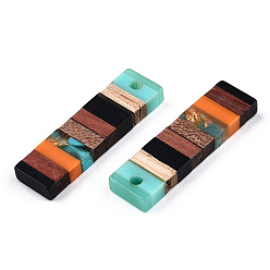 Coral Translucent Resin & Walnut Wood Pendants, with Gold Foil, Rectangle Charm, Coral, 29.5x8.5x3.5mm, Hole: 2mm