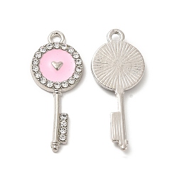 Pink Подвески из эмали и сплава, с кристально горный хрусталь, ключи с сердечками, платина, розовые, 31x12.5x2 мм, отверстие : 1.8 мм