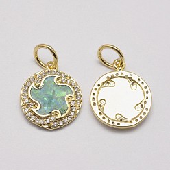 Real 18K Gold Plated Brass Cubic Zirconia Charms, with Synthetic Opal, Flat Round, Cadmium Free & Lead Free, Real 18K Gold Plated, 16x13.5x2mm, Hole: 4.5mm