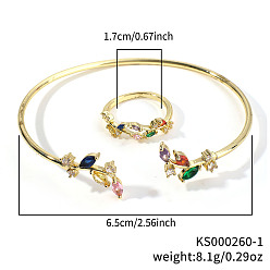 Разноцветный Модные комплекты из латунных браслетов и колец с кубическим цирконием в форме листьев для повседневной носки, золотые, красочный