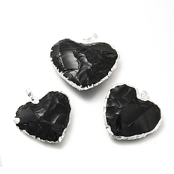 Platinum Natural Obsidian Pendants, Heart Charms, with Rack Plating Brass Findings, Platinum, 31~36.5x31.5~37.5x8.5~10.5mm, Hole: 7x4.5mm