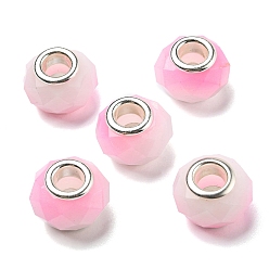 Pink Glass European Beads, Large Hole Beads, with Silver Tone Brass Double Cores, Faceted Rondelle, Pink, 14x9mm, Hole: 5mm