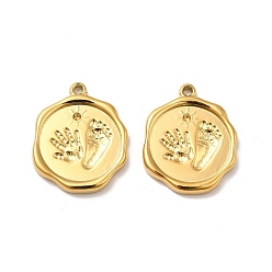 Real 18K Gold Plated Ion Plating(IP) 304 Stainless Steel Pendant Rhinestone Settings, Flat Round with Palm & Foot Print, Real 18K Gold Plated, Fit for 1mm Rhinestone, 20x16x2.5mm, Hole: 1.4mm
