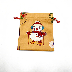 Gold Christmas Printed Cloth Drawstring Bags, Rectangle Gift Storage Pouches, Christmas Party Supplies, Gold, 18x16cm