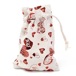 Heart Christmas Theme Cotton Fabric Cloth Bag, Drawstring Bags, for Christmas Party Snack Gift Ornaments, Heart Pattern, 14x10cm