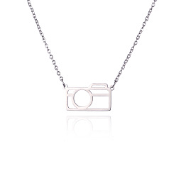 Stainless Steel Color Hollow Camera Stainless Steel Pendant Necklace, Stainless Steel Color, 16.14~19.69 inch(41~50cm)