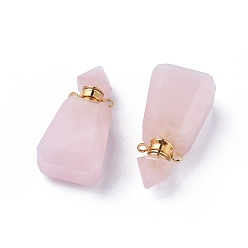 Rose Quartz Faceted Natural Rose Quartz Openable Perfume Bottle Pendants, with 304 Stainless Steel Findings, Trapezoid, Golden, 37~38x18x12~13mm, Hole: 1.8mm, Bottle Capacity: 1ml(0.034 fl. oz)