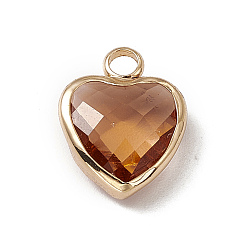 Light Peach Heart K9 Glass Charms, Faceted, with Light Gold Tone Brass Edge, Light Peach, 13.5x10.5x4.5mm, Hole: 2.2mm