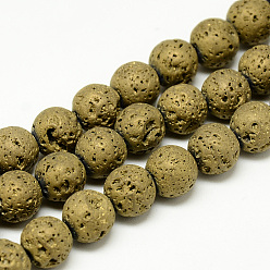Golden Plated Electroplate Natural Lava Rock Beads Strands, Matte Style, Round, Golden Plated, 6~7mm, Hole: 1mm, about 60pcs/strand, 14.7~15.1 inch