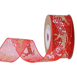 Red 5M Christmas Theme Polyester Ribbons, Flat Ribbon with Hot Stamping Reindeer and Musical Note Pattern, Garment Accessories, Red, 1 inch(25mm), about 5.47 Yards(5m)/Roll