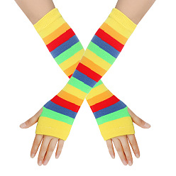 Coloré Gants sans doigts à tricoter en fil de fibre acrylique, gants chauds d'hiver élastiques longs à motif de bande arc-en-ciel avec trou pour le pouce, colorées, 300~330x90mm
