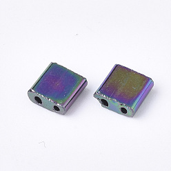 Rainbow Plated Electroplate Opaque Glass Seed Beads, 2-Hole, Rectangle, Rainbow Plated, 5x4.5~5.5x2~2.5mm, Hole: 0.5~0.8mm