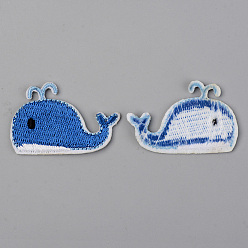 Blue Computerized Embroidery Cloth Iron on/Sew on Patches, Appliques, Costume Accessories, Whale Shape, Blue, 28x44x1mm
