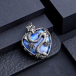 Lapis Lazuli Natural Lapis Lazuli Metal Dragon Wrapped Pendants, Heart Charms, Antique Silver, 42x32mm