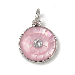 Pink Латунные микропаве прозрачные кубические циркониевые подвески, с эмалью и ракушкой, плоские круглые прелести, без кадмия и без свинца, стойки покрытие, долговечный, платина, розовые, 13x11x3 мм, отверстие : 3.5 мм