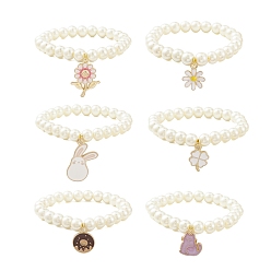 Mixed Shapes Glass Imitation Pearl Beaded Stretch Bracelet with Alloy Enamel Charms, Mixed Shapes, Inner Diameter: 2 inch(5.2cm)