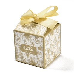 Pale Goldenrod Wedding Theme Folding Gift Boxes, Square with Flower & Word Wishes A GIFT FOR YOU and Ribbon, for Candies Cookies Packaging, Pale Goldenrod, 7x7x8.3cm