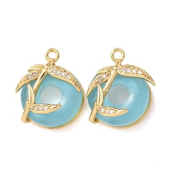 Светло-Голубой Латунные микропаве прозрачные подвески с фианитом, со стеклом, реальный 18 k позолоченный, плоский круглый с подвесками в виде листьев, Небесно-голубой, 18x14.5x8.5 мм, отверстие : 1.6 мм