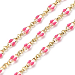 Hot Pink Enamel Oval Link Chains, with Real 18K Gold Plated Brass Findings, Soldered, with Spool, Hot Pink, 4x7x1mm