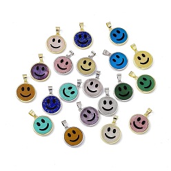 Mixed Stone Natural & Synthetic Mixed Gemstone Pendants, Flat Round with Smiling Face Charms, with Rack Plating Platinum & Golden Tone Brass Findings, Cadmium Free & Lead Free, Mixed Dyed and Undyed, 21x18.5x3mm, Hole: 4x6mm