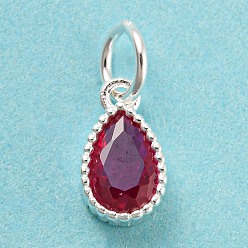 Medium Violet Red 925 Sterling Silver Charms, with Cubic Zirconia, Faceted Teardrop, Silver, Medium Violet Red, 8.5x5x3mm, Hole: 3mm