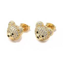 Clear Cubic Zirconia Bear Stud Earrings, Real 18K Gold Plated Brass Jewelry for Women, Cadmium Free & Lead Free, Clear, 10x12mm, Pin: 0.7mm