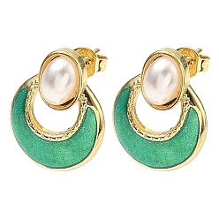 Зеленый лайм Овальные серьги-гвоздики с плоскими круглыми латунными эмалированными элементами, с пластмассовой жемчужиной abs, стойки покрытие, без кадмия и без свинца, долговечный, золотые, зеленый лайм, 17x13.5 мм