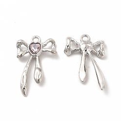 Platinum Rack Plating Eco-friendly Alloy Pendants, with Glass Rhinestone, Bowknot Charm, Platinum, 24x15.5x3.5mm, Hole: 1.8mm