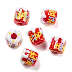 Red Opaque Acrylic European Beads, with Enamel, Large Hole Beads, Cake with Word Happy, Red, 16.4x15.8x15.8mm, Hole: 6.5mm