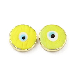 Yellow Rack Plating Handmade Evil Eye Lampwork Beads, with Brass Findings, Long-Lasting Plated, Flat Round, Yellow, 17.5~18x4.5~5mm, Hole: 1~1.2mm