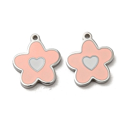 Stainless Steel Color 304 Stainless Steel Enamel Charms, Flower with Heart Charms, Pink, Stainless Steel Color, 12x10x1.5mm, Hole: 1mm
