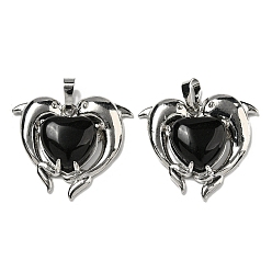 Обсидиан Сердечные подвески из натурального обсидиана, латунные подвески в виде дельфинов, платина, без кадмия и без свинца, 29x32.5x8.5 мм, отверстие : 8x5 мм