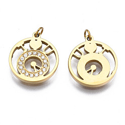 Real 14K Gold Plated 316 Surgical Stainless Steel Charms, with Micro Pave Clear Cubic Zirconia and Jump Rings, Clock, Real 14K Gold Plated, 13.5x12x1mm, Hole: 1.6mm, Jump Ring: 3x0.5mm, 1.6mm inner diameter