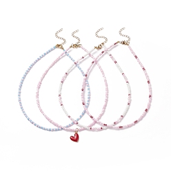 Mixed Color 4Pcs 4 Style Natural Rose Quartz & Glass Seed Beaded Necklaces Set, Alloy Enamel Heart Charm Necklaces for Women, Mixed Color, 14.96~15.12 inch(38~38.4cm), 1Pc/style