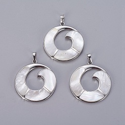 White Shell Natural White Shell Mother of Pearl Shell Pendants, with Platinum Tone Brass Findings, Vortex, 44.5x40.5x3.5~4.5mm, Hole: 4.5x6.5mm