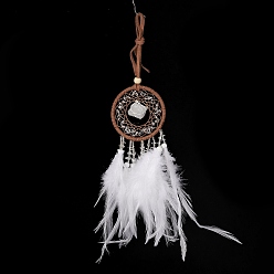 Quartz Crystal Iron Natural Quartz Crystal Woven Web/Net with Feather Pendant Decorations, with Wood Beads, Covered with Cotton Lace and Villus Cord, Flat Round, 490~550x81~82x5~20mm