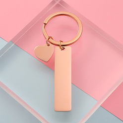 Rose Gold 304 Stainless Steel Keychain, with Key Rings, Rectangle with Heart, Rose Gold, 80mm