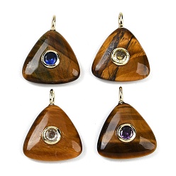 Тигровый глаз Природных тигровый глаз подвески, треугольные подвески с латунной микропаве с кубическими цирконами разных цветов, золотые, 26x21x6.5 мм, отверстие : 3x2 мм