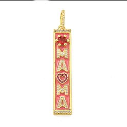 Pink Настоящие 18 k позолоченные латунные подвески с микропаве и кубическим цирконием, без кадмия, без никеля и без свинца, прямоугольник со словом, розовые, 49x9x4 мм, отверстие : 7.5x5 мм