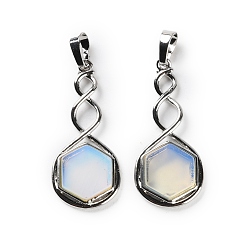 Опал Opalite подвески, покрытие стойки латунные шестигранные подвески, без свинца и без кадмия, платина, 37.5x17x4.5~5 мм, отверстие : 6.5x5 мм