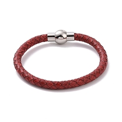 Rouge Bracelet cordon rond tressé en cuir avec 304 fermoir en acier inoxydable pour femme, rouge, 8-1/8 pouce (20.5 cm)