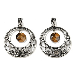 Тигровый глаз Ограненные восьмиугольные подвески из натурального тигрового глаза, антикварные серебряные тона, полые плоские круглые подвески из сплава с покрытием, без свинца и без кадмия, 44x40x5 мм, отверстие : 4.5x6 мм