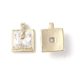 Real 18K Gold Plated Brass Cubic Zirconia Pendants, Square Charm, Real 18K Gold Plated, 9.5x7x4mm, Hole: 2.5x1.5mm