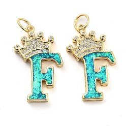 Letter F Латунные микропаве прозрачные подвески с фианитом, с синтетическим опалом, реальный 18 k позолоченный, с целью перехода в кольце, Буква F, 26.5~33x14~23.5x3.5~4.5 мм, отверстие : 4.5 мм