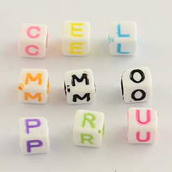 Mixed Color Opaque Acrylic Beads, Horizontal Hole, Cube with Letter, Mixed Color, 6x6x6mm, Hole: 3.5mm, about 3300pcs/500g